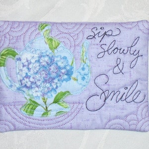 Teapot Mug Rug-Lavender and Hydrangea Fabric