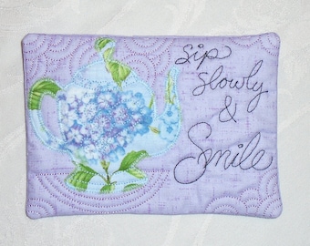 Teapot Mug Rug-Lavender and Hydrangea Fabric