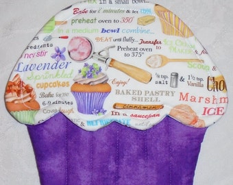 Cupcake Shaped Potholder-Lavender Recipe Print Fabric