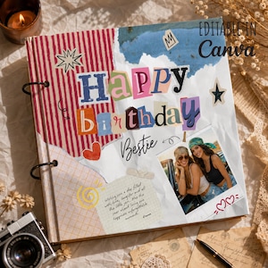 Może przedstawiać: Album z okładką w stylu kolażu z napisem "Happy birthday Bestie" wyciętym z liter. Projekt zawiera czerwone paski, niebieską plamę, serce, rysunek słońca oraz zdjęcie dwóch osób. Widoczny jest również tekst "EDITABLE IN Canva".