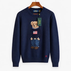Polo Bear Navy Blue Knit Sweater Ralph Lauren Embroidered Crewneck Jumper unisex