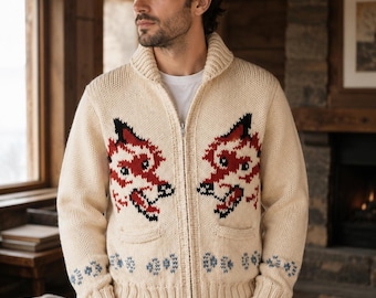 Gilet en laine tricoté main pour homme, motif loup, projet Hail Mary, pull vintage nordique canadien