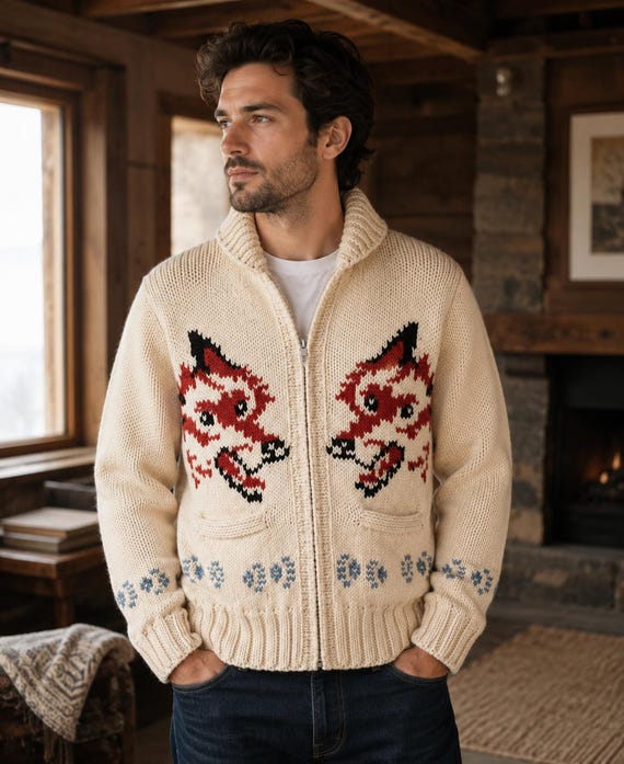 Men's Hand Knit Wool Wolf Cardigan, project hail mary, Vintage Nordic Canadian Sweater