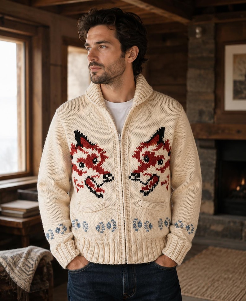 Pode incluir: Um casaco de malha cor de creme com fecho de correr, gola xale e dois bolsos frontais. A camisola apresenta dois motivos sim&eacute;tricos de cabe&ccedil;as de raposa vermelhas, pretas e brancas no peito e uma fila de pequenos padr&otilde;es florais azuis na bainha.