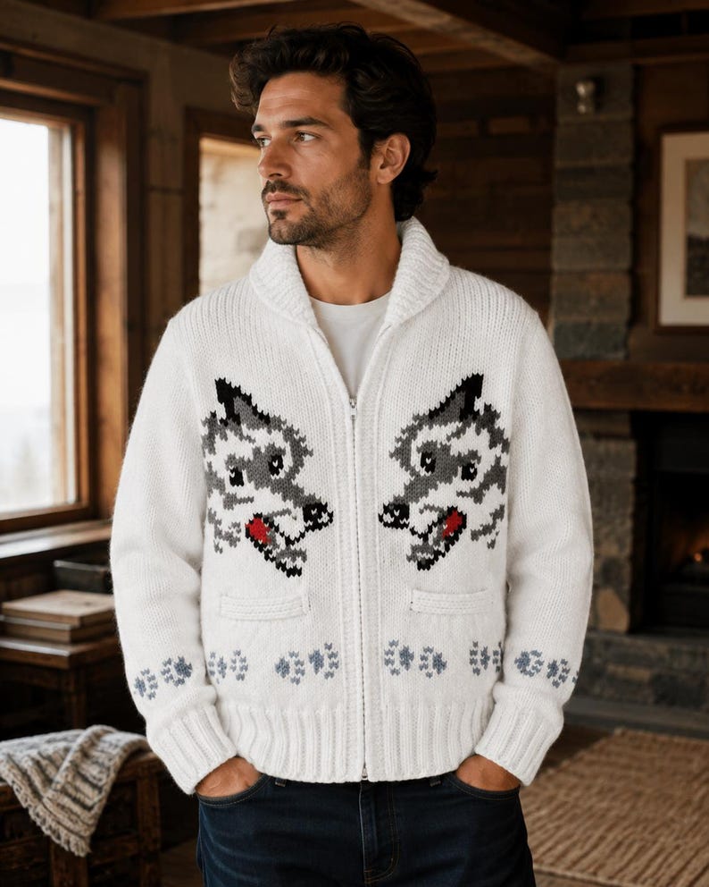 Pode incluir: Um cardig&atilde; de malha branca com fecho de correr, gola xale e um padr&atilde;o gr&aacute;fico de duas cabe&ccedil;as de lobo em cinzento, preto e vermelho. A camisola inclui dois bolsos frontais e um design repetitivo de pegadas cinzentas na bainha e nos punhos.