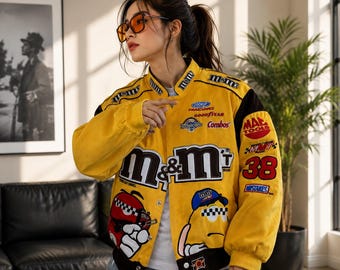 Jaqueta M&M Racing Vintage – Estilo Streetwear Retrô de Automobilismo – Jaqueta Bomber NASCAR Bordada – Jaqueta Unissex Y2K