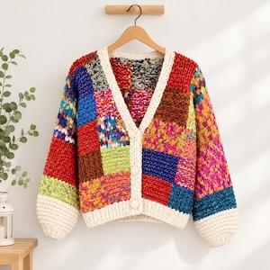 May include: A chunky knit cardigan featuring a vibrant patchwork design with squares of red, blue, yellow, green, and purple yarn. The garment has a cream-coloured ribbed V-neck collar, cuffs, and hem, secured by three matching cream-coloured buttons.