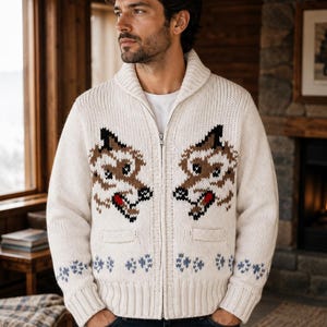 Pode incluir: Um cardig&atilde; de malha cor de creme com fecho, gola xale e dois bolsos frontais. A camisola apresenta dois motivos sim&eacute;tricos de cabe&ccedil;as de lobo em castanho, preto e vermelho, com um padr&atilde;o floral azul claro ao longo da bainha e dos punhos.