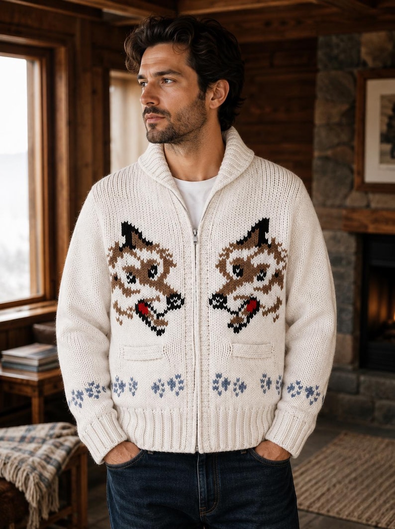 Pode incluir: Um cardig&atilde; de malha cor de creme com fecho, gola xale e dois bolsos frontais. A camisola apresenta dois motivos sim&eacute;tricos de cabe&ccedil;as de lobo em castanho, preto e vermelho, com um padr&atilde;o floral azul claro ao longo da bainha e dos punhos.