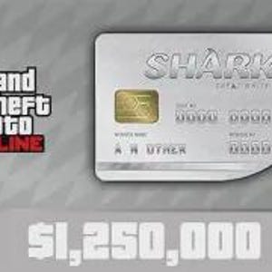 May include: A silver Grand Theft Auto Online Shark Great White credit card graphic featuring a gold chip, the text SHARK GREAT WHITE, placeholder numbers, the name A N OTHER, and the text $1,250,000 displayed in large white font below the card.