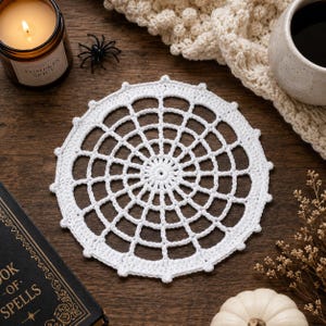 May include: A circular white crochet doily featuring a web-like pattern with radiating spokes and concentric rings. The intricate handmade textile piece is crafted from white yarn and displays a delicate, openwork design with small decorative knots.
