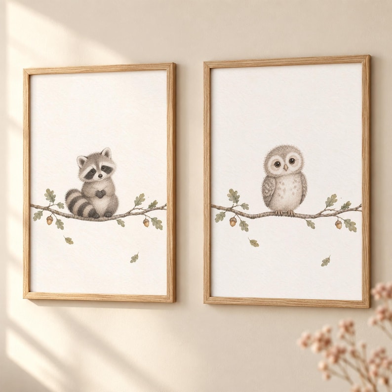 Woodland Nursery Wall Art Set of 3 , Raccoon Owl Sleeping Fox Prints ...