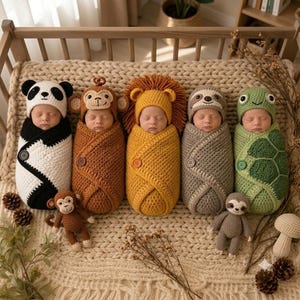 May include: Five infants wrapped in crocheted animal-themed swaddles, including a panda, monkey, lion, sloth, and turtle. Each swaddle features a matching animal hat and a single button closure. Two small crocheted animal toys are placed nearby.