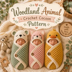 Crochet Cocoon Pattern PDF, Woodland Animal Baby Swaddle, Bear Cat Duck (Digital Download)