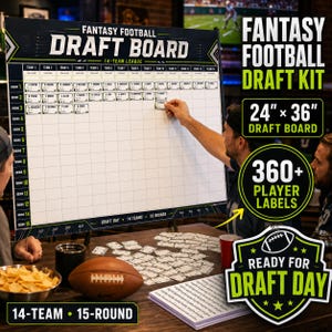 Fantasy-Football-Draft-Board-Set, 24x36 Zoll (ca. 61x91 cm) zum Ausdrucken, Draft-Board für 14 Teams + über 360 Spieleretiketten