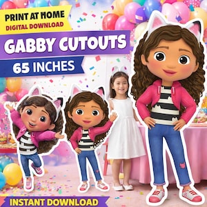 May include: A digital download of Gabby cutouts featuring a cartoon character with brown curly hair, cat ears, a pink jacket, a black and white striped shirt, and blue jeans. The image includes text stating Print at Home, Gabby Cutouts, 65 Inches.