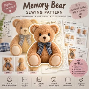 Memory Bear Sewing Pattern PDF | Memory Teddy Bear Pattern | Clothing Keepsake Bear | DIY Stuffed Bear | Digital Sewing Pattern