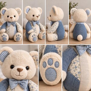 May include: A plush teddy bear featuring cream-colored fur, blue denim fabric accents, and a floral patterned fabric patch. The bear wears a blue and white checkered bowtie and has matching checkered paw pads. It is shown from multiple angles.