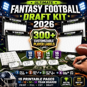 May include: Ultimate Fantasy Football Draft Kit 2026 featuring 300+ customizable player labels, printable team boards for 10, 12, 14, and 16 teams, a football, a marker, and scissors. Includes instructions to pick, write, cut, and place labels.