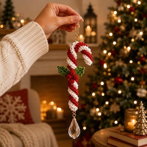 May include: A crocheted candy cane ornament featuring alternating red and white yarn stripes, accented with green crocheted leaves and red berries. A gold-toned chain connects the top to a clear, faceted, teardrop-shaped crystal pendant.