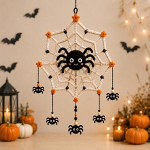 May include: A crocheted off-white spider web wall hanging featuring a large central black spider with white eyes and a smiling mouth. Small orange crocheted flowers and black beads accent the web, with five smaller dangling black spiders.