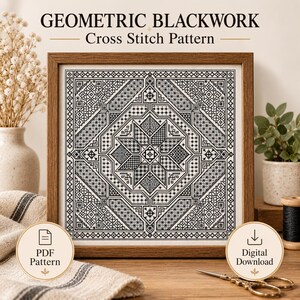 Może przedstawiać: Kwadratowy wzór do haftu krzyżykowego w ramce, przedstawiający czarny geometryczny motyw na białym tle. Na górze widoczny jest napis GEOMETRIC BLACKWORK Cross Stitch Pattern oraz ikony PDF Pattern i Digital Download poniżej.