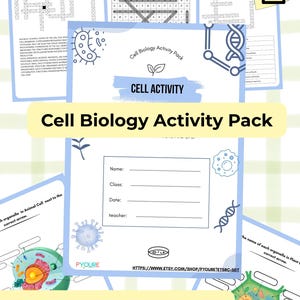 May include: A Cell Biology Activity Pack featuring printable worksheets and games. The cover page includes fields for name, class, date, and teacher, with illustrations of cells and DNA. Additional pages show crossword puzzles and word searches.
