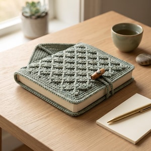 May include: A sage green crochet book cover featuring a textured diamond pattern and a wooden toggle closure. The cover is fitted snugly around a book, with the crochet stitches creating a raised, geometric design across the front surface.