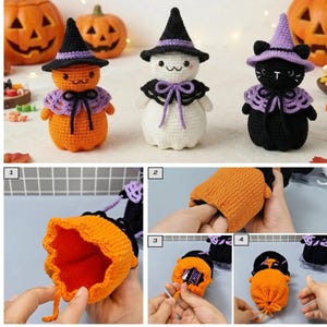 May include: Three crocheted Halloween figures: an orange pumpkin, a white ghost, and a black cat, each wearing a witch hat and a purple cape. The figures function as drawstring pouches, shown being filled with candy and tightened with orange strings.