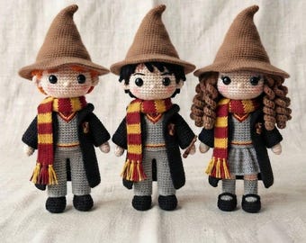 Patrón de magos a crochet en PDF, amigurumi de magos, trío de la escuela de magia, regalo de Halloween, maga niña, mago niño, brujería, guía fotográfica