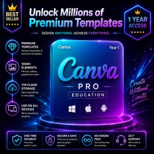 May include: A digital product graphic for Canva Pro Education featuring a central blue and purple square icon with the text Canva Pro Education. The design includes neon accents, icons for Windows, Apple, and Android, and text detailing features like 1TB cloud storage, 100M+ elements, and 24/7 support.