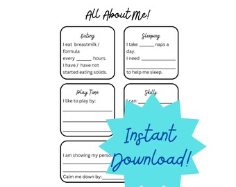 Daycare, Preschool, Infant All About Me Printable. Instant Download.