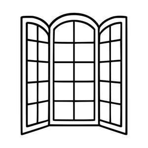 May include: A black and white line drawing of a three-paneled window. The central panel features an arched top, while the two side panels are rectangular. Each panel is divided into a grid of rectangular panes by thin black lines.