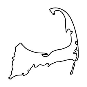 Könnte beinhalten: Eine schwarze Strichzeichnung, die den geografischen Umriss von Cape Cod, Massachusetts, darstellt. Die Illustration zeigt einen durchgehenden, minimalistischen Strich, der die markante hakenförmige Halbinsel sowie die Küstenlinien nachzeichnet.
