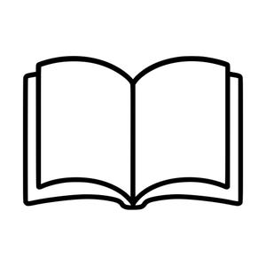 May include: A black and white line art illustration of an open book with blank pages. The graphic features a thick, bold outline forming the shape of the book, with two pages visible on the left and right sides, creating a simple, clear icon.