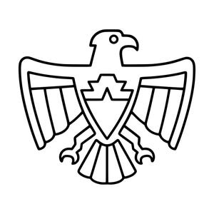 Può includere: Un grafico in bianco e nero a linee sottili che raffigura un'aquila stilizzata con le ali spiegate. L'uccello presenta un design a scudo geometrico sul petto, piume alari segmentate e una coda a ventaglio con contorni netti.