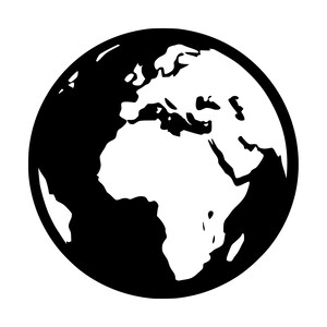 May include: A circular graphic illustration of the Earth featuring a high-contrast black and white design. The continents are rendered in white against a solid black circular background, showcasing the landmasses of Europe, Africa, and parts of Asia.