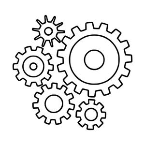 Peut inclure: Une illustration en noir et blanc au trait représentant cinq engrenages interconnectés de tailles différentes. Le motif se compose d'un grand engrenage central entouré de quatre plus petits, tous dessinés avec des contours simples et des centres circulaires.