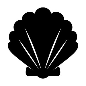 May include: A solid black silhouette of a scallop shell featuring a rounded top edge with multiple scalloped segments and a narrow base. The design includes thin, white, radiating lines that extend from the bottom hinge upward.