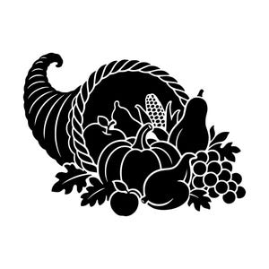 May include: A black silhouette graphic of a cornucopia overflowing with harvest produce. The design features a large pumpkin, an ear of corn, a cluster of grapes, apples, and various gourds, all contained within a woven horn-shaped basket.