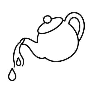 May include: A black and white line art illustration of a teapot with a lid and a handle. The teapot is tilted, and liquid is pouring from the spout, forming two distinct teardrop-shaped droplets below the spout against a plain white background.