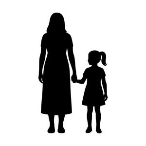 Könnte beinhalten: Eine schwarze Silhouette eines Erwachsenen und eines Kindes, die nebeneinander stehen. Der Erwachsene ist größer und trägt ein langes Kleid, während das Kind kleiner ist, ein kurzes Kleid trägt und einen Pferdeschwanz hat. Sie halten Händchen.