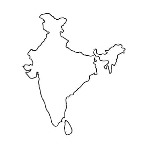 Op de afbeelding: Een eenvoudige zwarte lijntekening die de geografische omtrek van het land India weergeeft, inclusief het eiland Sri Lanka dat net voor de zuidkust ligt, gepresenteerd als een strakke, minimalistische vectorafbeelding op een witte achtergrond.