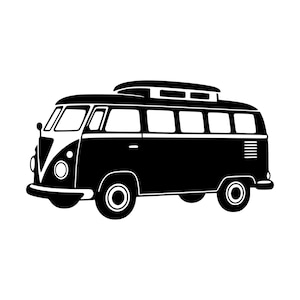 Könnte beinhalten: Eine schwarz-weiße grafische Illustration eines klassischen Campingbusses. Das Fahrzeug verfügt über eine markante V-förmige Frontpartie, runde Scheinwerfer, einen Dachträger und mehrere Seitenfenster. Das Design ist in einem kontrastreichen Stil.