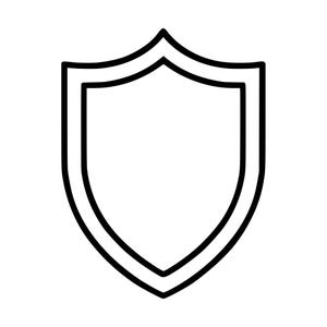 May include: A black and white line art illustration of a shield. The shield features a pointed bottom, curved sides, and a central point at the top. The design consists of a thick outer border and a thinner inner border, creating a simple outline.