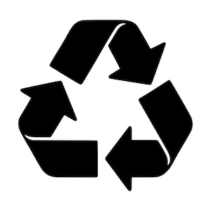May include: A black recycling symbol consisting of three arrows arranged in a continuous triangular loop. Each arrow points in a clockwise direction, forming a balanced, symmetrical shape that represents the universal concept of recycling.