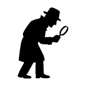 May include: A solid black silhouette of a detective wearing a trench coat and a fedora hat, leaning forward while holding a magnifying glass up to inspect an object. The figure is depicted in profile, showing a classic investigator pose.