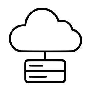 Könnte beinhalten: Ein schwarzes Strichgrafik-Symbol, das eine Wolkenform direkt über einer rechteckigen Servereinheit darstellt. Die Wolke ist durch eine einzelne vertikale Linie mit dem Server verbunden, was ein Cloud-Computing-Konzept darstellt.