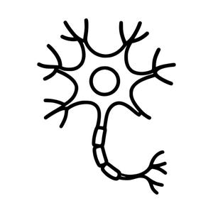May include: A black and white line art illustration of a neuron cell. The image features a central cell body with a circular nucleus, multiple branching dendrites extending outward, and a single long axon with a segmented myelin sheath at the base.