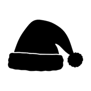 以下が含まれることがあります： 広い質感のある縁と先端に丸いポンポンが付いたサンタ帽の黒いシルエット。デザインは平面的でコントラストの高いスタイルで描かれており、背景に対してこの象徴的なホリデー用ヘッドウェアの形状をはっきりと描き出しています。